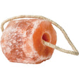 Himalayan salt lick, a pink salt drum with a center hole on a white rope.