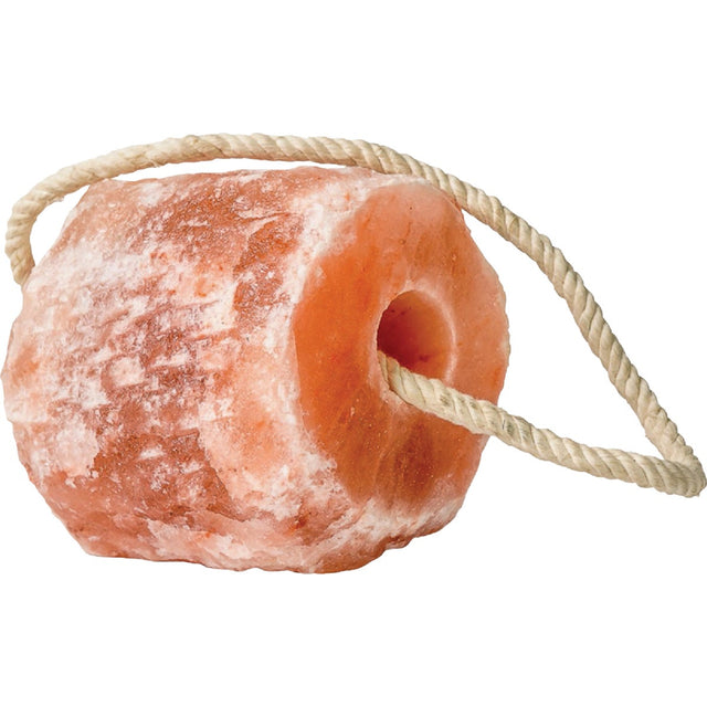 Himalayan salt lick, a pink salt drum with a center hole on a white rope.