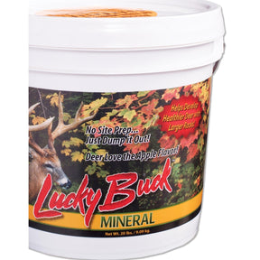 Lucky Buck Mineral 20 lb bucket printed no site prep, just dump it out, deer love the apple flavor.