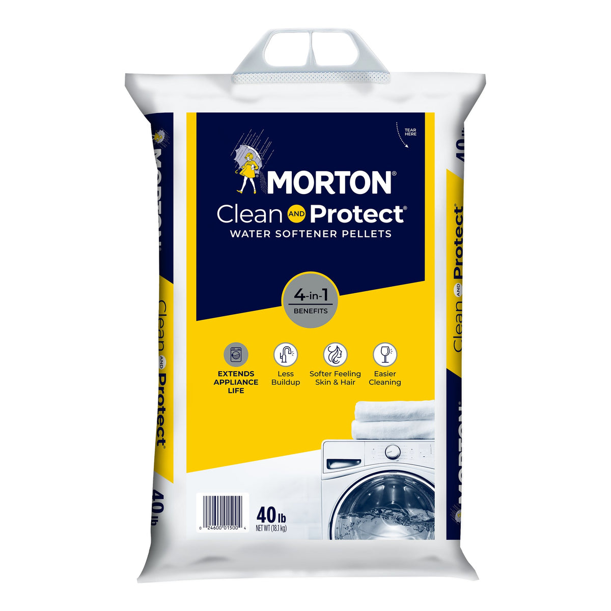 Morton Clean and Protect water softener pellets 40 lb bag, navy and yellow pack printed 4-in-1 Benefits, plastic handle.