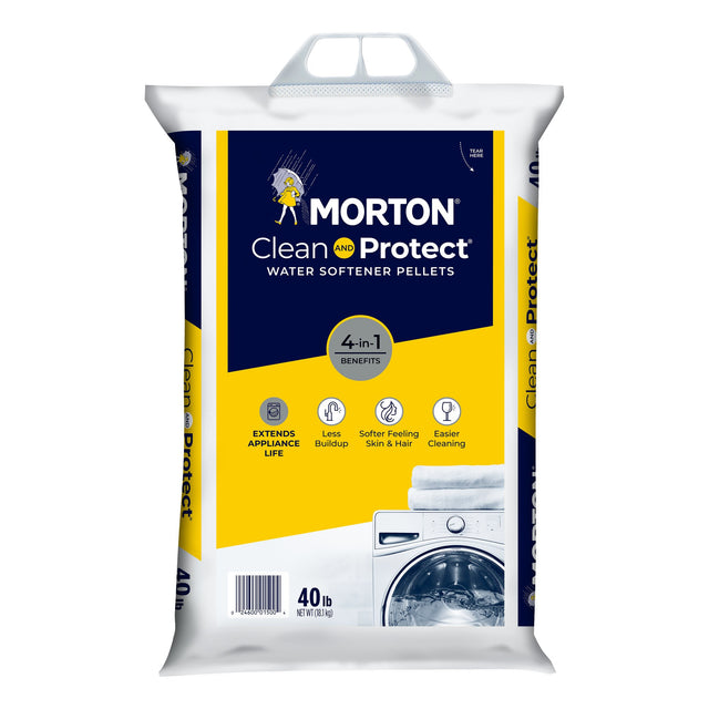 Morton Clean and Protect water softener pellets 40 lb bag, navy and yellow pack printed 4-in-1 Benefits, plastic handle.