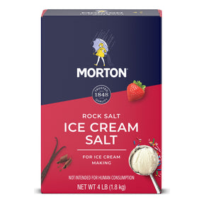 Morton Rock Salt Ice Cream Salt 4 lb box, navy and red, printed for ice cream making.
