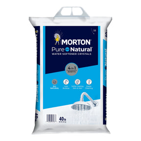 Morton Pure and Natural water softener crystals 40 lb bag, navy and light blue pack printed All Natural, plastic handle.