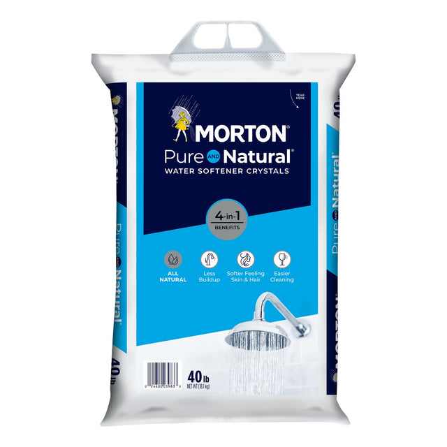 Morton Pure and Natural water softener crystals 40 lb bag, navy and light blue pack printed All Natural, plastic handle.