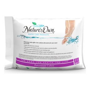 Nature's Own Potassium Cubes 40 lb bag, white pack with a purple band printed For Home. For Health. For Life.