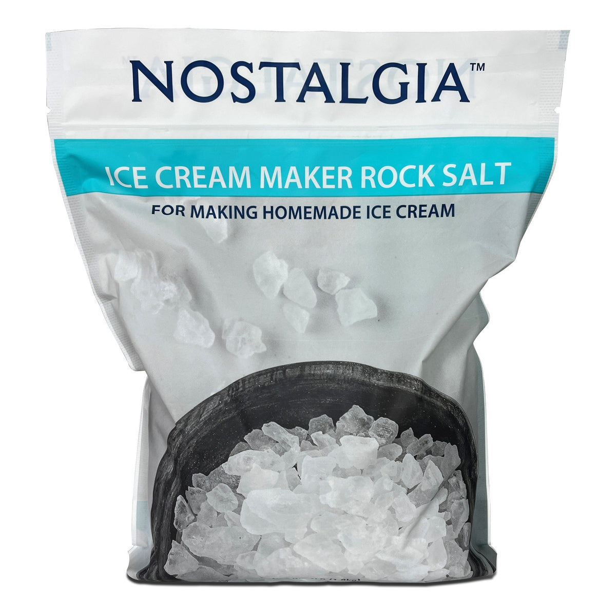 Nostalgia Ice Cream Maker Rock Salt bag printed for making homemade ice cream, with coarse white crystals.