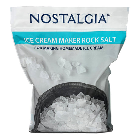 Nostalgia Ice Cream Maker Rock Salt bag printed for making homemade ice cream, with coarse white crystals.