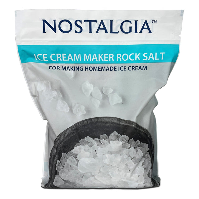 Nostalgia Ice Cream Maker Rock Salt bag printed for making homemade ice cream, with coarse white crystals.