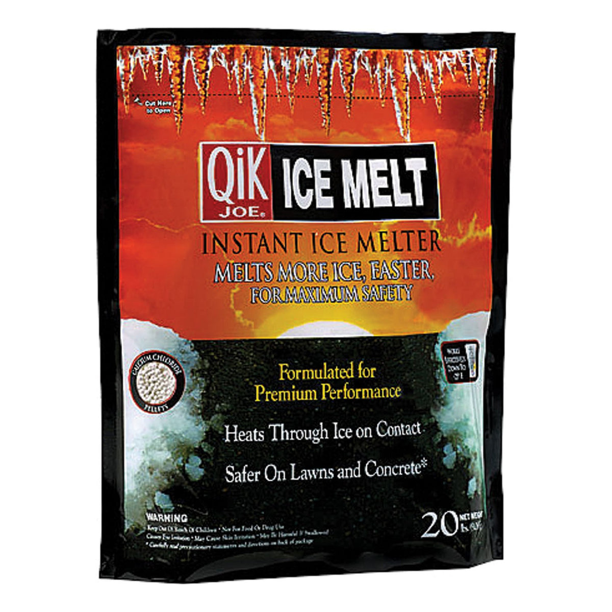 Qik Joe Ice Melt calcium chloride pellets 20 lb bag, safer on lawns and concrete, works down to -25°F.
