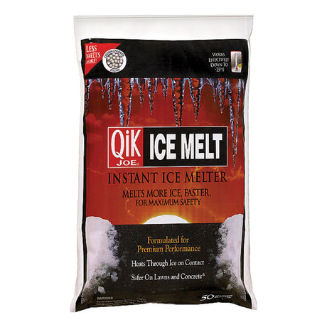 Qik Joe Ice Melt calcium chloride pellets 50 lb bag, printed works effectively down to -25°F.