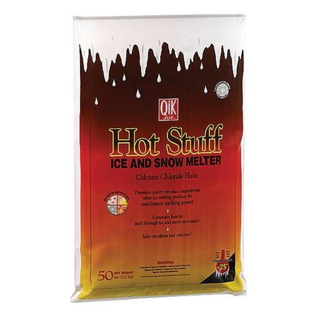 Qik Joe Hot Stuff calcium chloride flake ice and snow melter 50 lb bag, printed -25°F and safer on plants and concrete.