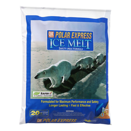 Qik Joe Polar Express ice melt 20 lb bag with polar bears, Safety-Max formula, safer for lawns and concrete.