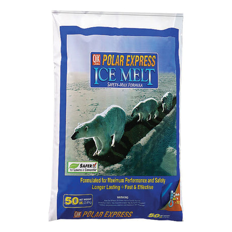 Qik Joe Polar Express ice melt 50 lb bag with polar bears, Safety-Max formula, longer lasting.