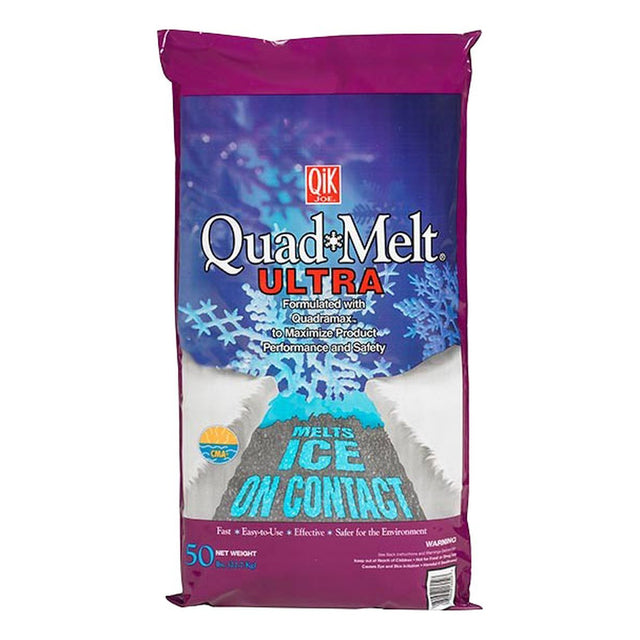 Qik Joe Quad Melt Ultra ice melt 50 lb bag, formulated with Quadramax and CMA, melts ice on contact.