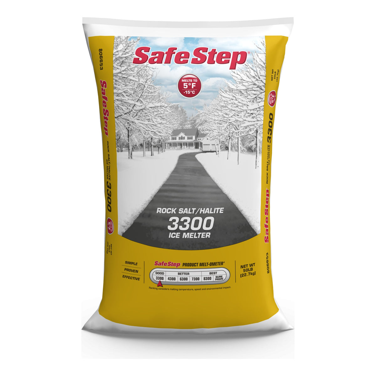 Safe Step Rock Salt Halite 3300 Ice Melter 50 lb yellow bag, printed melts ice down to 5°F.