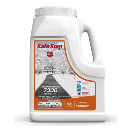 Safe Step Calcium Chloride 7300 ice melter 8 lb jug, melts to -25°F, generates heat for melting performance.