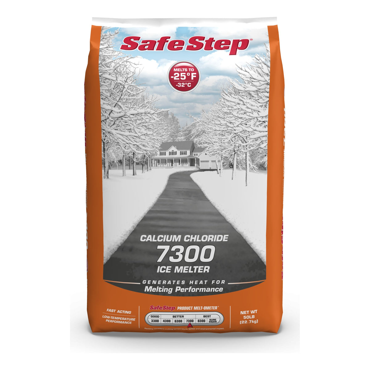 Safe Step Calcium Chloride 7300 ice melter 50 lb bag, melts to -25°F, fast acting.