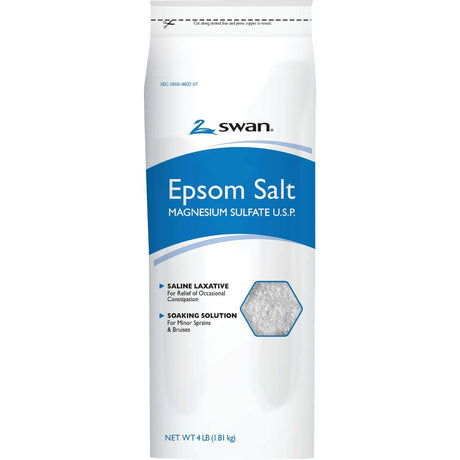 Swan Epsom Salt 4 lb bag, magnesium sulfate for gardens, baths and animals.