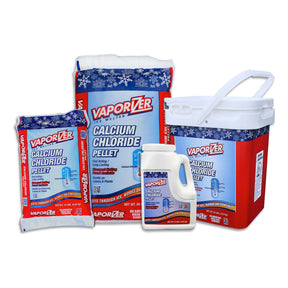 Vaporizer Calcium Chloride Pellet ice melter in a 9 lb jug, 20 lb bag, 50 lb bag and 35 lb pail, shown together.