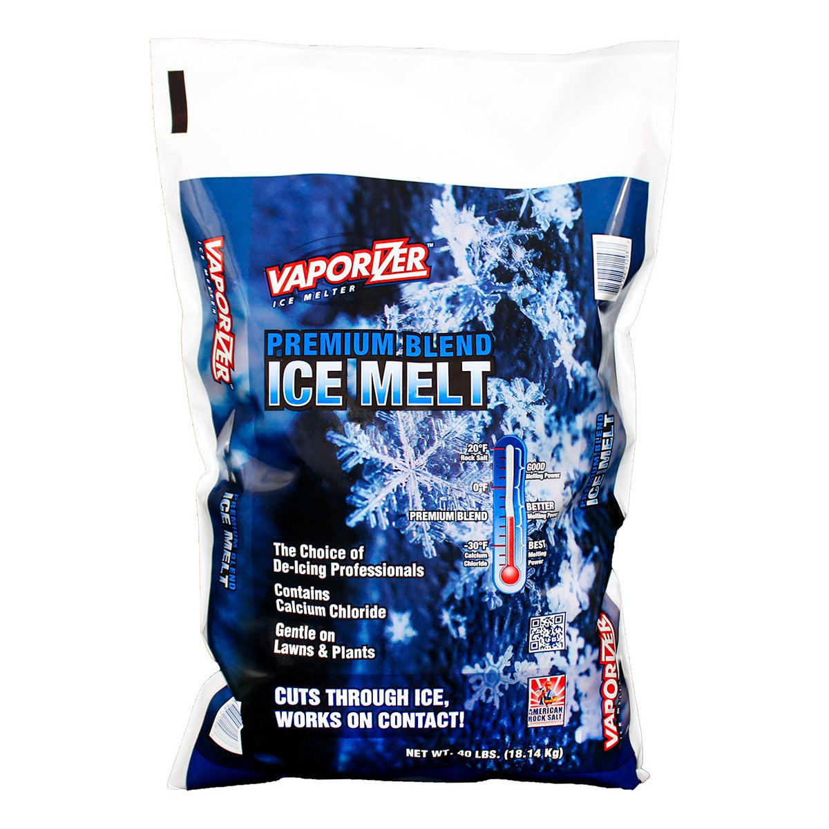 Vaporizer Premium Blend Ice Melt 40 lb bag, printed contains calcium chloride, cuts through ice, works on contact.