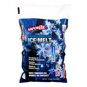 Vaporizer Premium Blend Ice Melt 40 lb bag, printed contains calcium chloride, cuts through ice, works on contact.