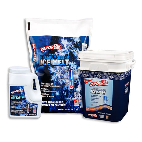 Vaporizer Premium Blend Ice Melt jug, bag and pail shown together.