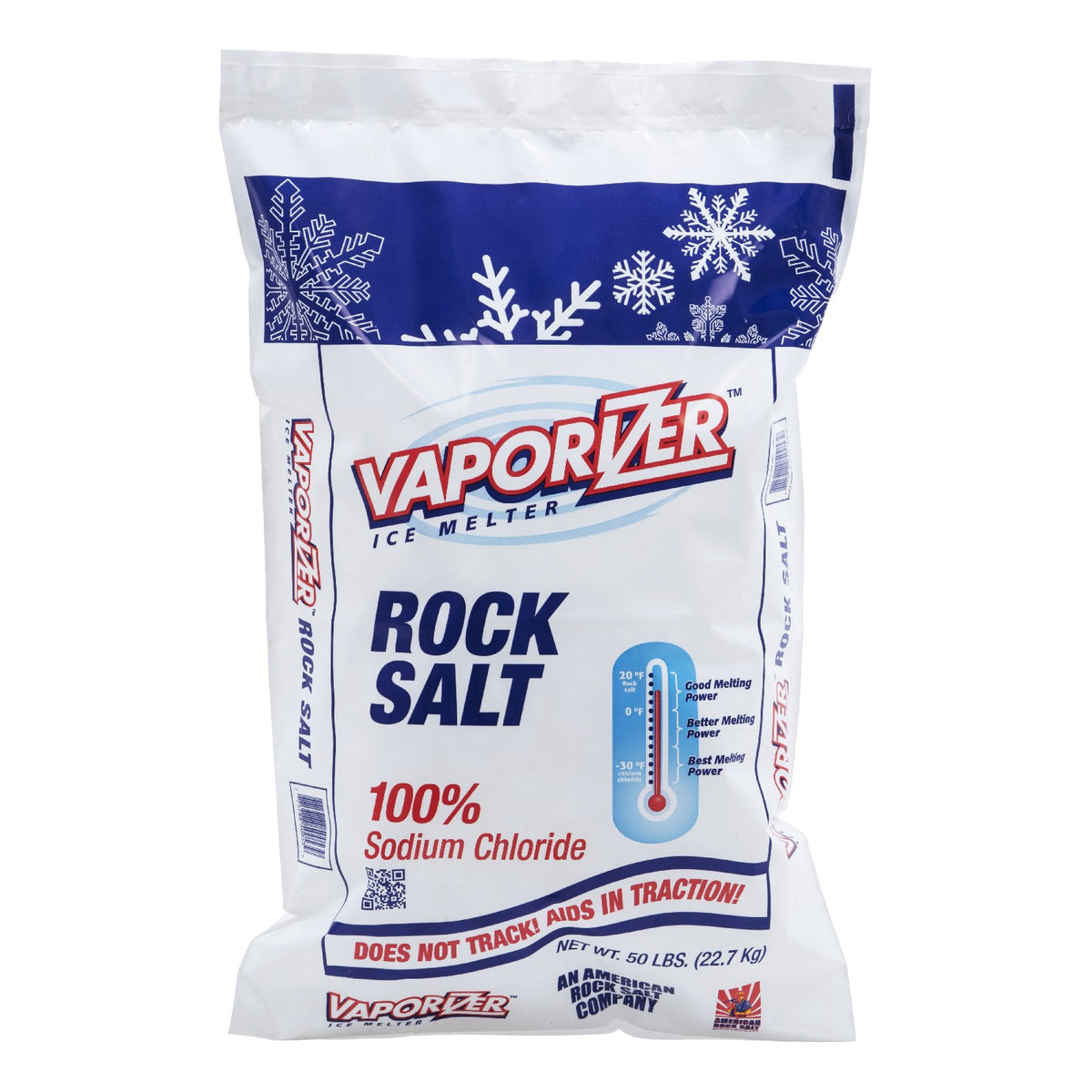 Vaporizer Ice Melter Rock Salt 50 lb bag, printed 100% sodium chloride, does not track, aids in traction.