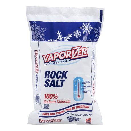 Vaporizer Ice Melter Rock Salt 50 lb bag, printed 100% sodium chloride, does not track, aids in traction.